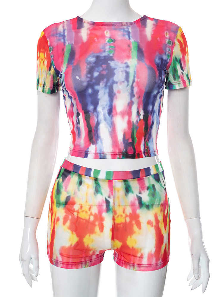 RUKAS Colorful Tie Dye Mesh O Neck Short Sleeve Sexy Crop T-Shirt Shorts 2 Pcs Sets Summer Fashion Streetwear Sport Tracksuit