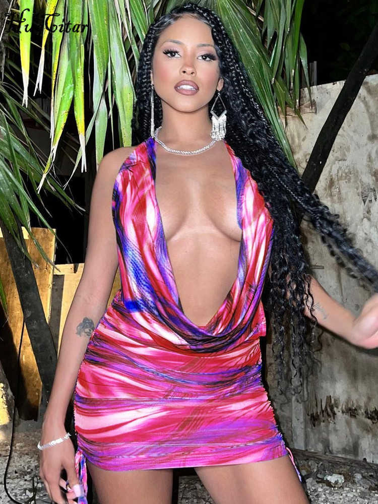 RUKAS Halter Pile Collar Backless Tie Dye Shirring Bandage Sexy Slim Mini Dress Summer Women Beach Holiday Nightclub Outfit