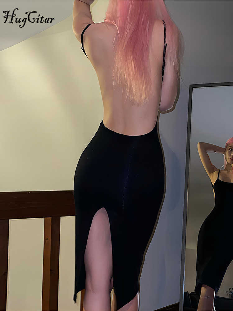 RUKAS Black Sleeveless Backless Slips Slit Sexy Bodycon Slim Midi Prom Dress 2023 Summer Women Fashion Clothes Party Vacation