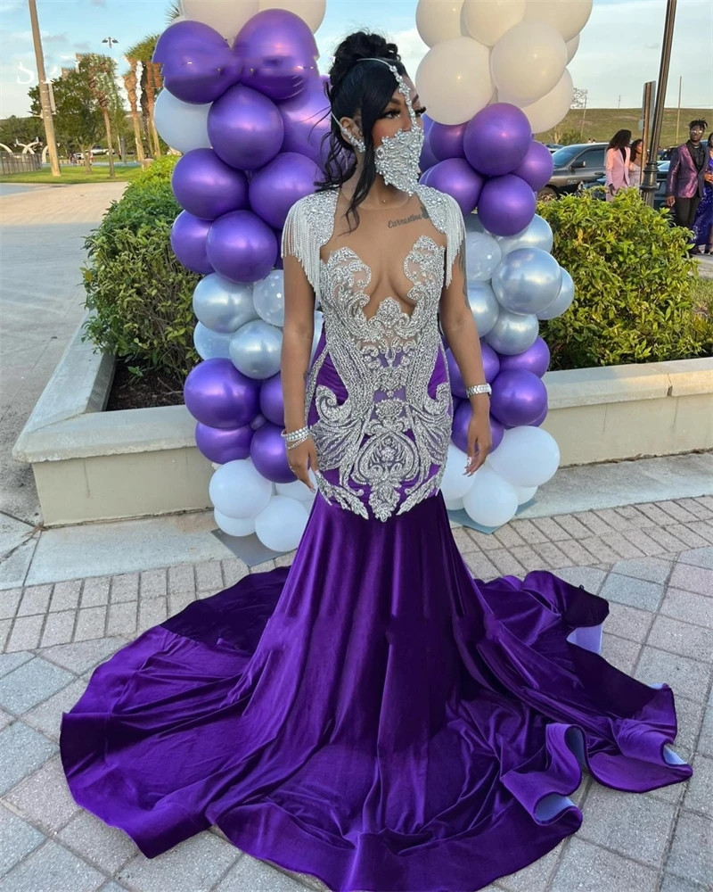 Sheer Purple Veet O Neck Long Prom For Black Girls Beaded Crystal Birthday Party Dresses Tassel Evening Gowns Robe De Bal