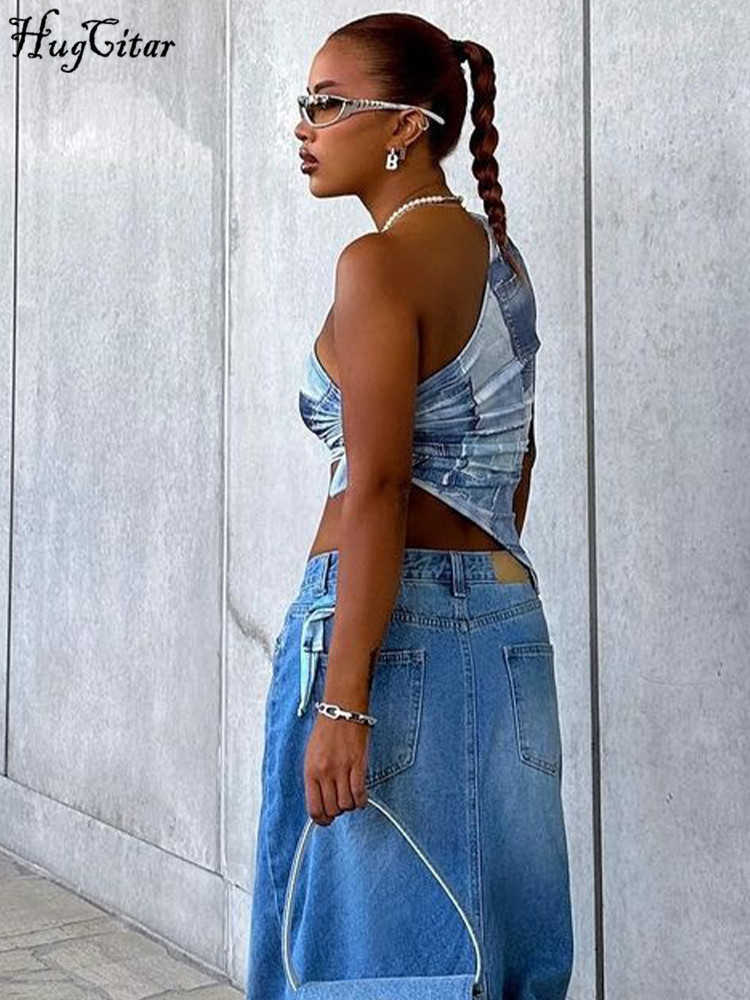 RUKAS One Shoulder Faux Denim Print Shirring Bandage Sexy Crop Tank Top Summer Fashion Y2K Streetwear Festival Clothes