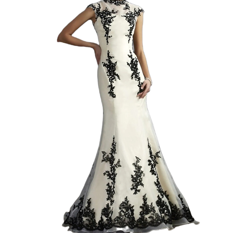 Elegant Long Mother Of The Bride Dresses Ivory And Black Mermaid Wedding Party Gowns Lace Appliques Beaded High Neck Formal Evening Dress 2023