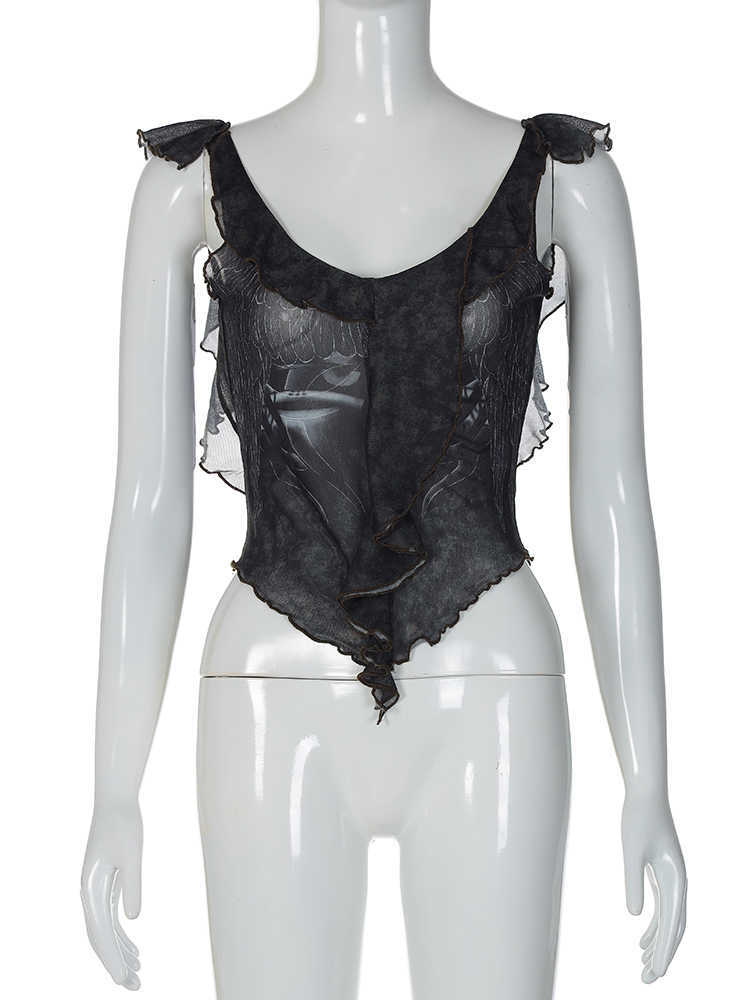 RUKAS Mesh Ruffles Backless Solid See Through Sexy Cute Crop Tank Top 2023 Summer Women Y2K Beach Festival Club Outfit