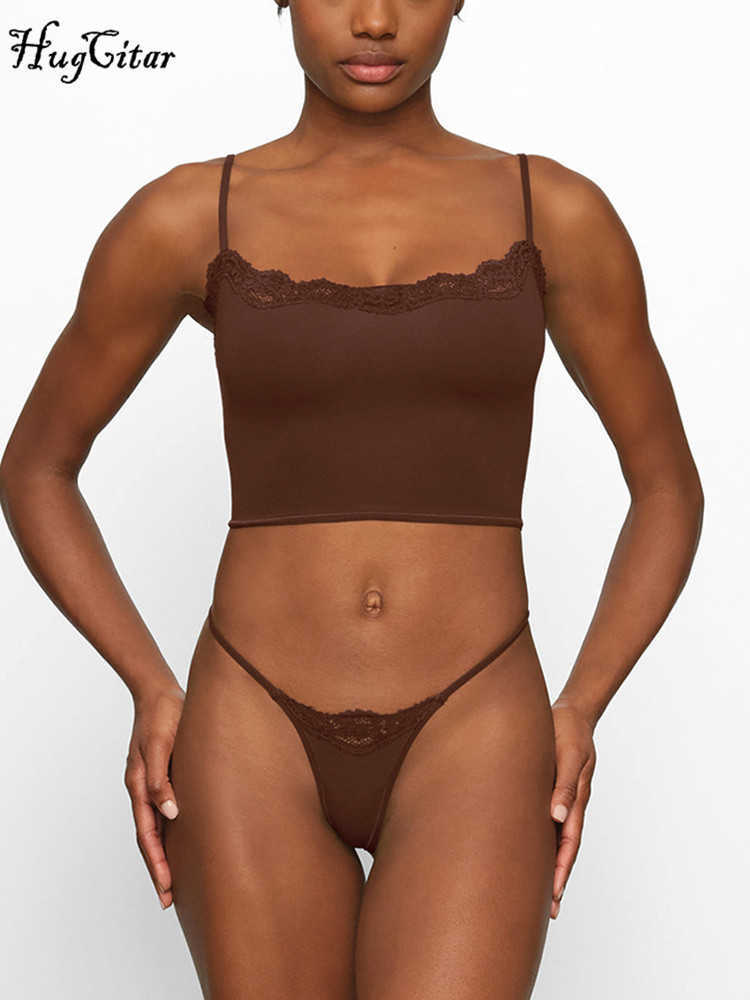 RUKAS Solid Sleeveless Patchwork Lace Sexy Camis Swimsuit 2 Piece Sets 2023 Summer Women Fashion Beach Bathing Suit Swimwear