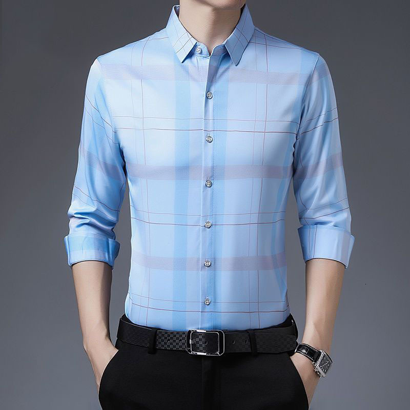 Men's Casual Shirts Fashion Men Plaid Smooth Shirt Spring Summer Long Sleeve Thin Korean Male Clothes Basic Streetwear Business Casual Loose Tops