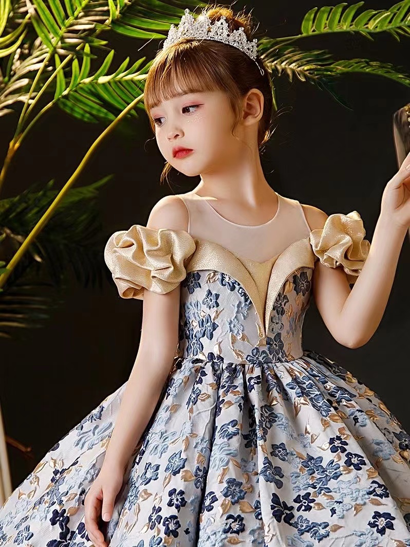 blue Lace Ivory Flower Girl Dresses Appliques Baby Girls Party Dress Cap Sleeves Puffy Princess Dress Bow Baby Toddler Girls Adorable Kids First Commu