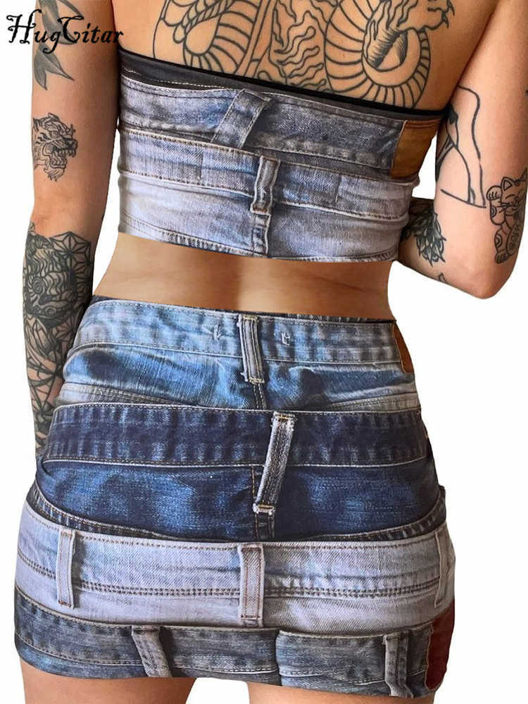 RUKAS Strapless Vintage Print Sexy Slim Crop Tube Top Skirts 2 Piece Sets 2023 Summer Fashion Y2K Streetwear Party Outfit