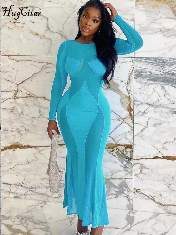 RUKAS Mesh O Neck Long Sleeve Solid Patchwork See Through Sexy Slim Maxi Dress 2023 Summer Women Y2K Beach Festival Clothes