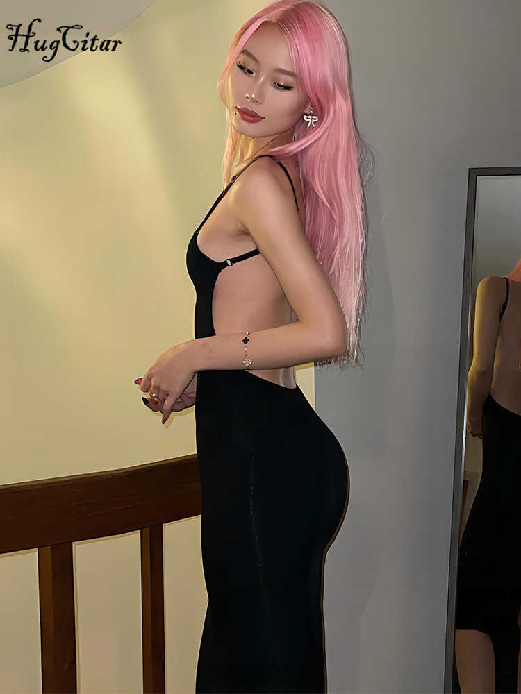 RUKAS Black Sleeveless Backless Slips Slit Sexy Bodycon Slim Midi Prom Dress 2023 Summer Women Fashion Clothes Party Vacation