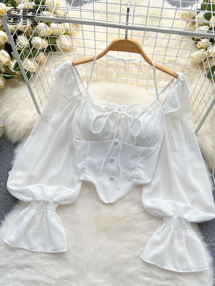 Women's Flare Sleeve Chiffon Blouse, Halter Backless Ruffle Top, Elastic Waist Slim Fit Short Shirt