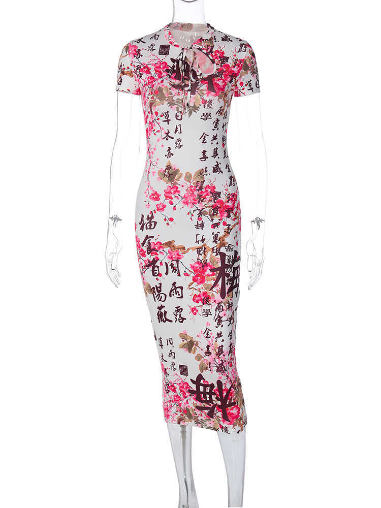 RUKAS Character Floral Print Short Sleeve Cut Out Bandage Sexy Slim Midi Dress 2023 Summer Women Cute Clothes Party Vacation