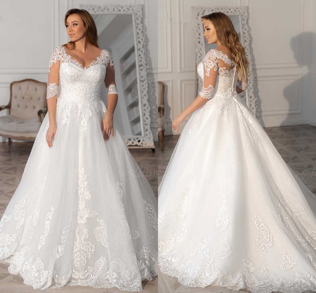 Shiny Wedding Dress half sleeve 2023 lace Appliques A-Line Court Train Bridal Gown Princes NPS32 Plus Size Vestido De Novia