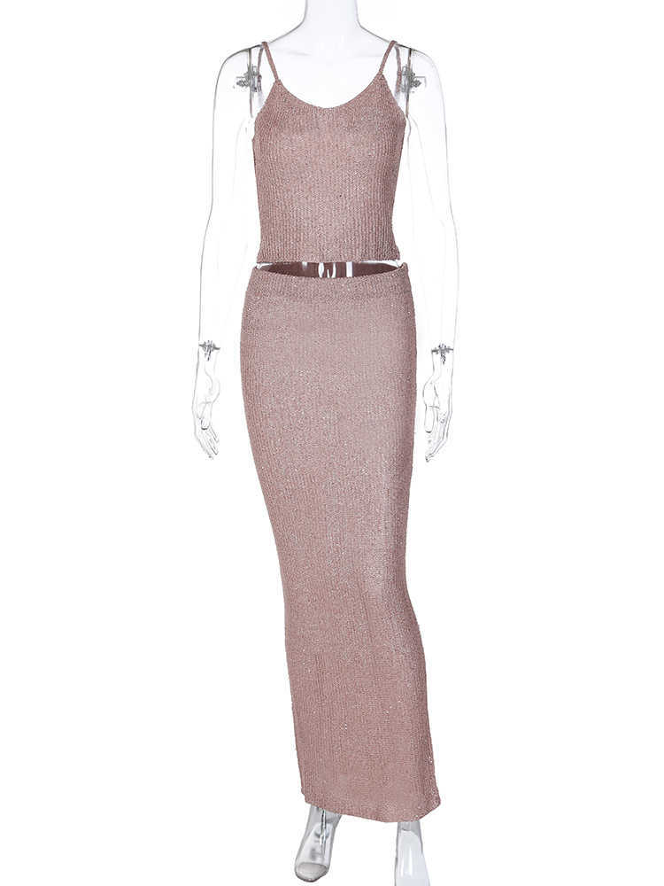 RUKAS Women Elegant 2 Piece Sets Knitted Solid Sexy Slim Crop Camis Maxi Skirt 2023 Summer Y2K Beach Party Clothes Wholesale