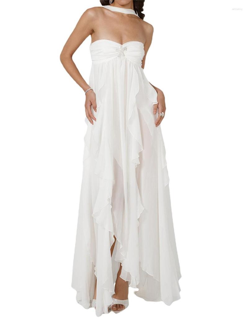 Casual Dresses Women Sexy Ruffles Halterneck Dress Irregular Tassels Frill Hem Backless Long Cocktail Party Y2k