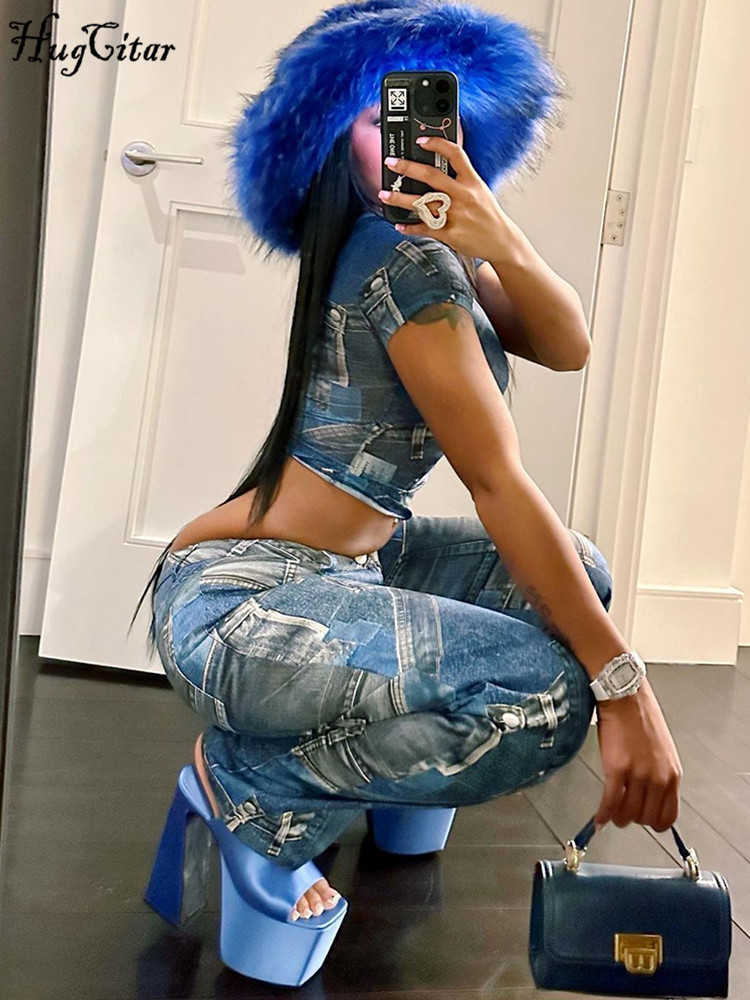 RUKAS Vintage Print Mesh Short Sleeve Sexy See Through Crop Top Jeans 2 Pcs Sets Summer Fashion Streetwear Nightclub Outfit