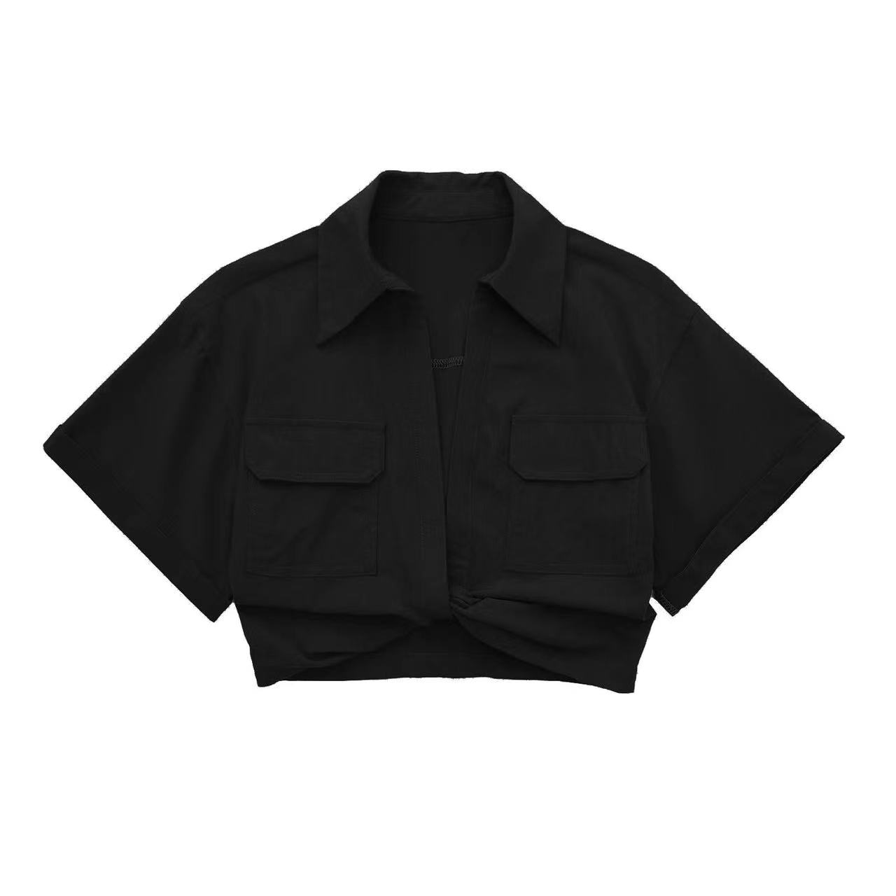 Flap Pocket Twist Hem Shirt Tees Tshirt Summer Fashion Womens Short Sleeve High Quality Clothes T Shirts Tops