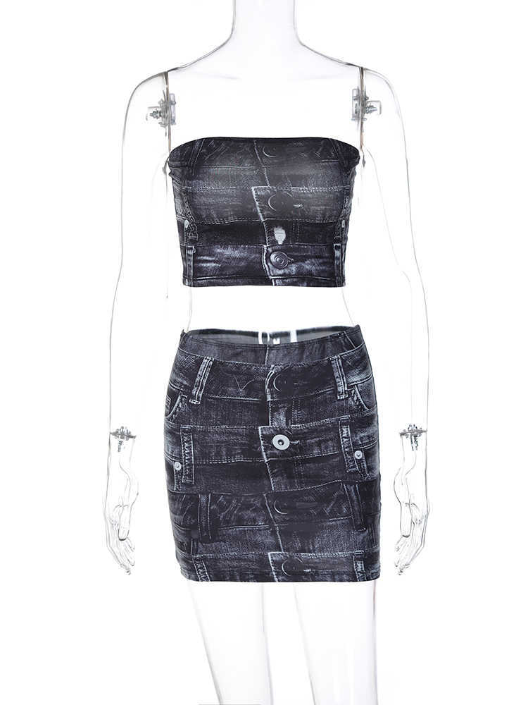 RUKAS Strapless Vintage Print Sexy Slim Crop Tube Top Skirts 2 Piece Sets 2023 Summer Fashion Y2K Streetwear Party Outfit