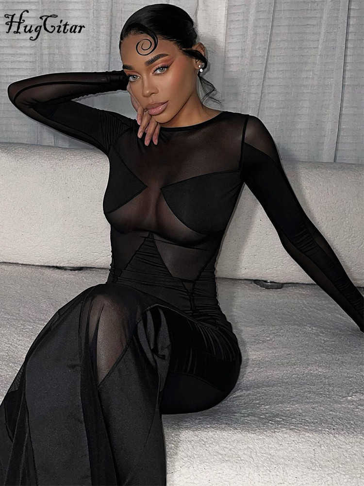 RUKAS Mesh O Neck Long Sleeve Solid Patchwork See Through Sexy Slim Maxi Dress 2023 Summer Women Y2K Beach Festival Clothes