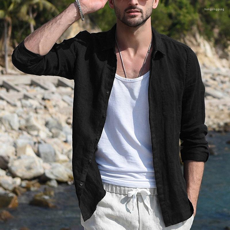 Men's Cotton En Casual Long Sleeve Button Up Shirt Baggy Tops White For Spring Autumn Streetwear