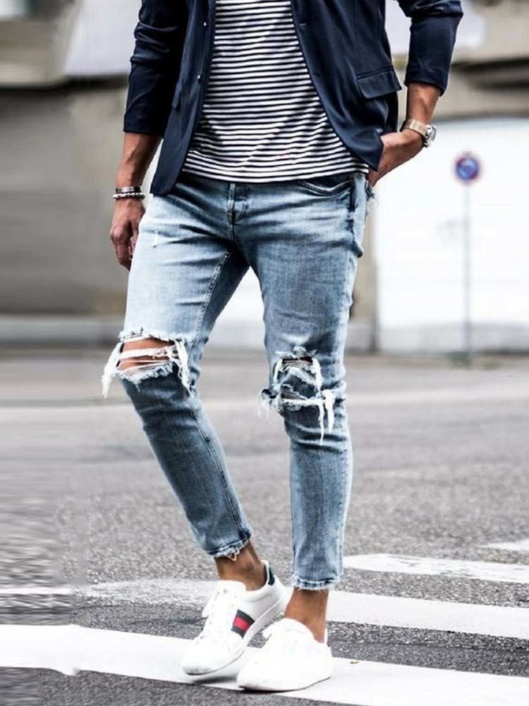 Men's Jeans Men Jeans Streetwear Knee Ripped Skinny Hip Hop Fashion Estroyed Hole Pants Solid Color Male Stretch Casual Denim Big Trousers 230516