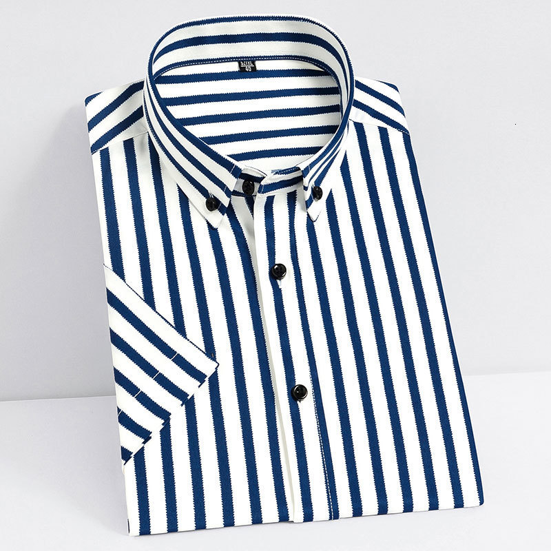 Men's Casual Shirts Summer Short Sleeve Men Striped Dress Shirts Button-down Neck Fashion Stretch Soft Regular Fit Work Social Smart Casual Shirt