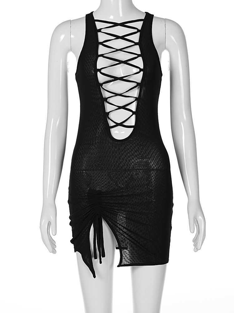 RUKAS Mesh Black Hollow Out Slit Skirring Lace Up See Through Sexy Mini Dress 2023 Summer Women Clothes Evening Party Club