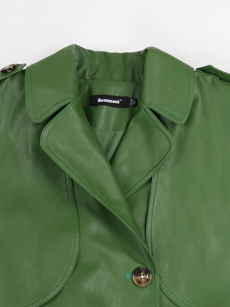 Fur Nerazzurri Autumn Long Cool Green Pu Leather Trench Coat for Women Sashes Single Breasted Stylish Luxury Designer Clothes 2022