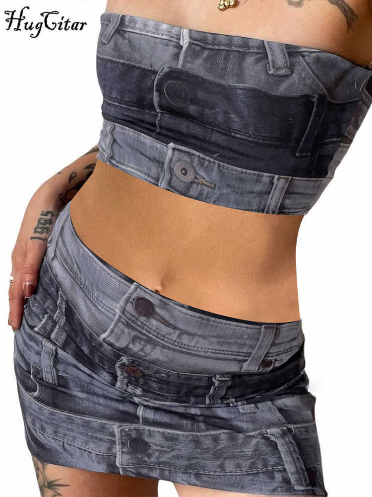 RUKAS Strapless Vintage Print Sexy Slim Crop Tube Top Skirts 2 Piece Sets 2023 Summer Fashion Y2K Streetwear Party Outfit