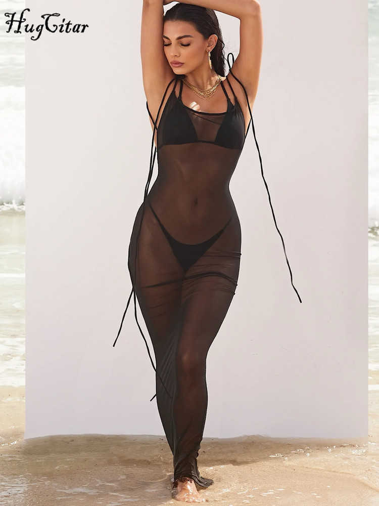 RUKAS Mesh Sleeveless Slip Backless See Through Bandage Sexy Slim Maxi Dress 2023 Summer Women Fashion Outfit Beach Festival