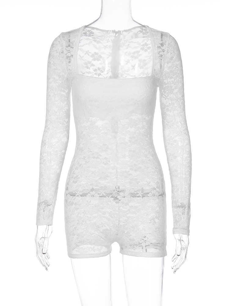 RUKAS Lace Long Sleeve Solid Floral Print Zip Up See Through Sexy Bodycon Playsuit 2023 Summer Beach Festival Causal Romper