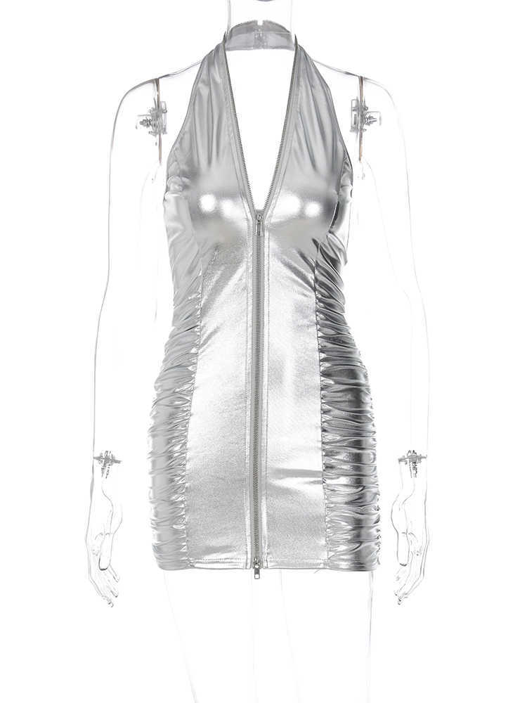 RUKAS Pu Leather Halter Backless Solid Zip Up Pleated Sexy Bodycon Mini Prom Dress Summer Women Elegant Party Vacation Outfit