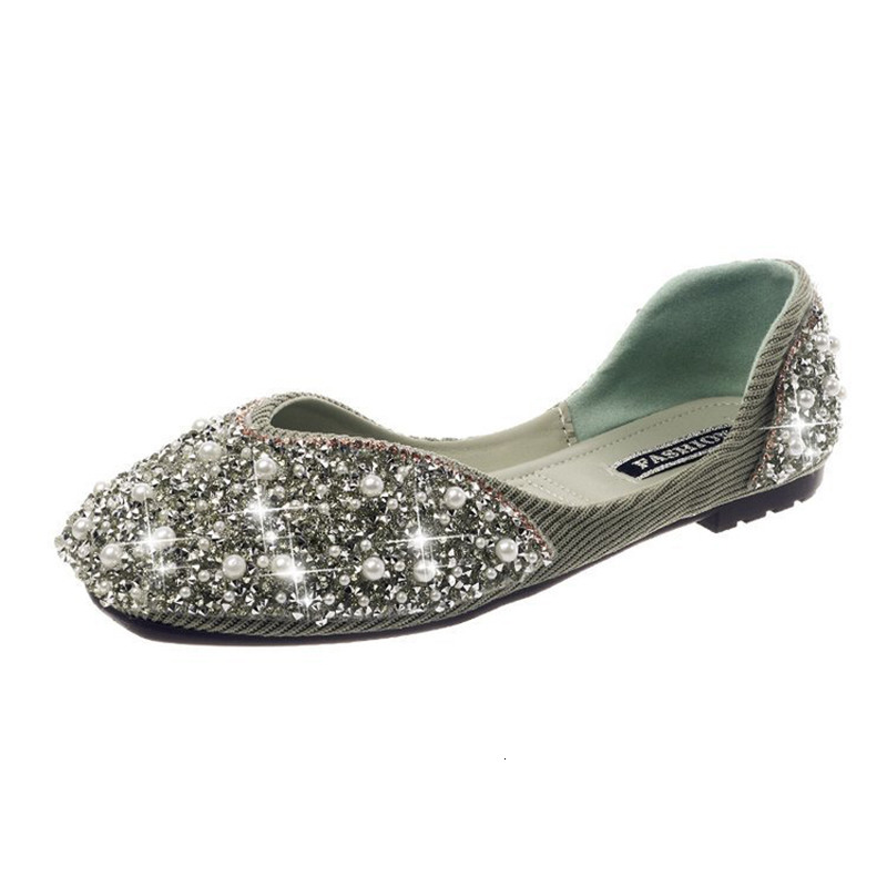 Dress Shoes Sepatu Balet Wanita Berkancing Mutiara Kristal Glitter Loafers Slip On Ujung Persegi Flat Balerina Potongan Pendek Nyaman Mokasin Perempua