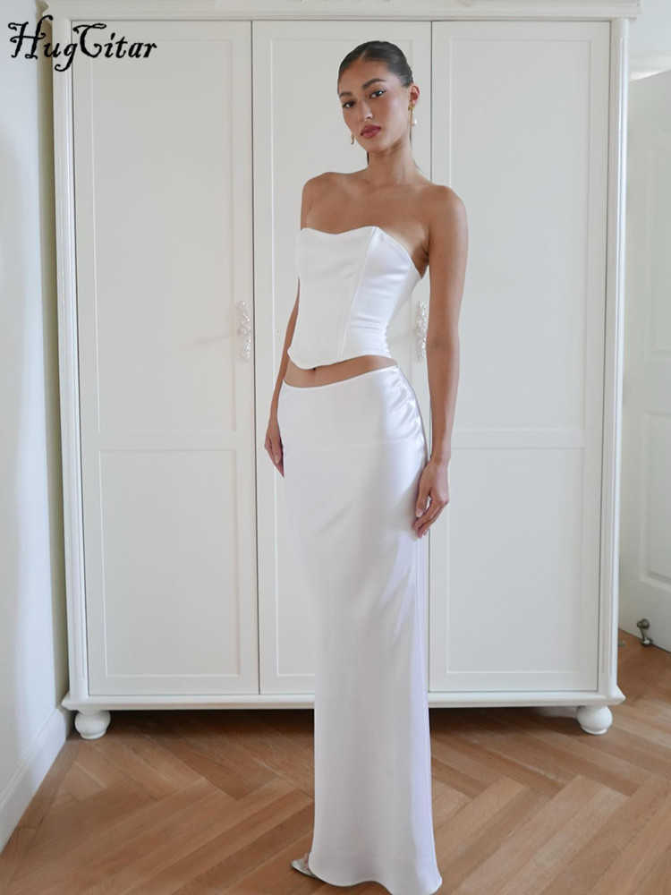 RUKAS Women Elegant 2 Pcs Sets Solid Strapless Bandage Crop Top Zip Up Maxi Skirt 2023 Summer Sexy Beach Streetwear Outfit