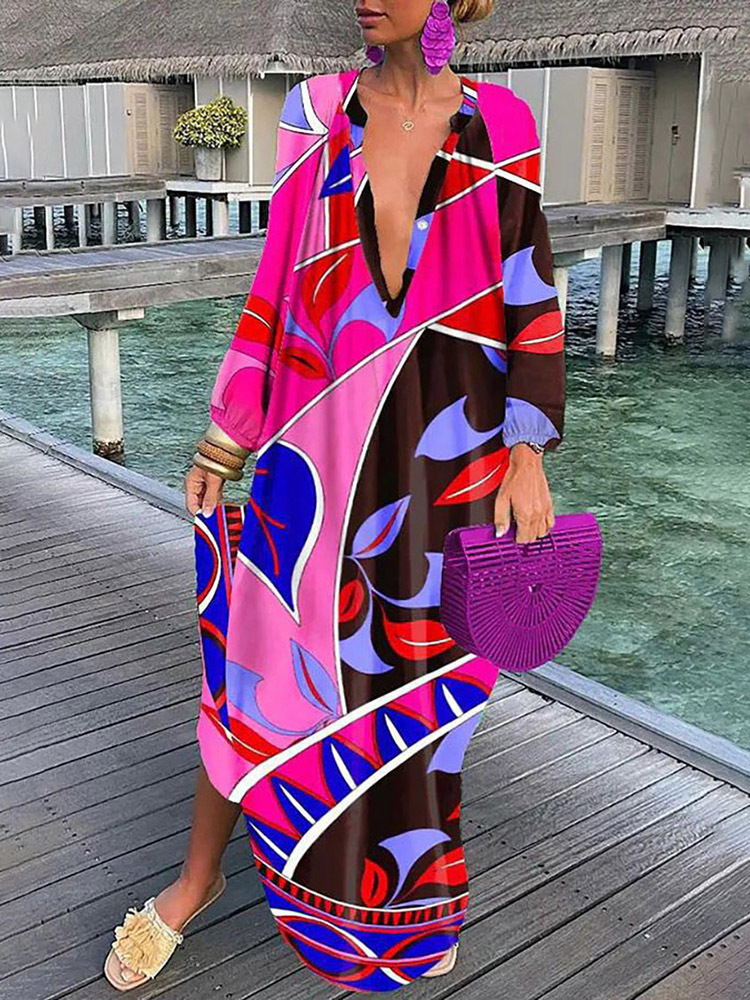 Women's Swimwear Vintage Swimsuit Cover Up Women Beach Dress Kaftan Sexy Deep V-Neck Bikini Cover-Ups Dresses Summer Woman Clothes Robe 2306