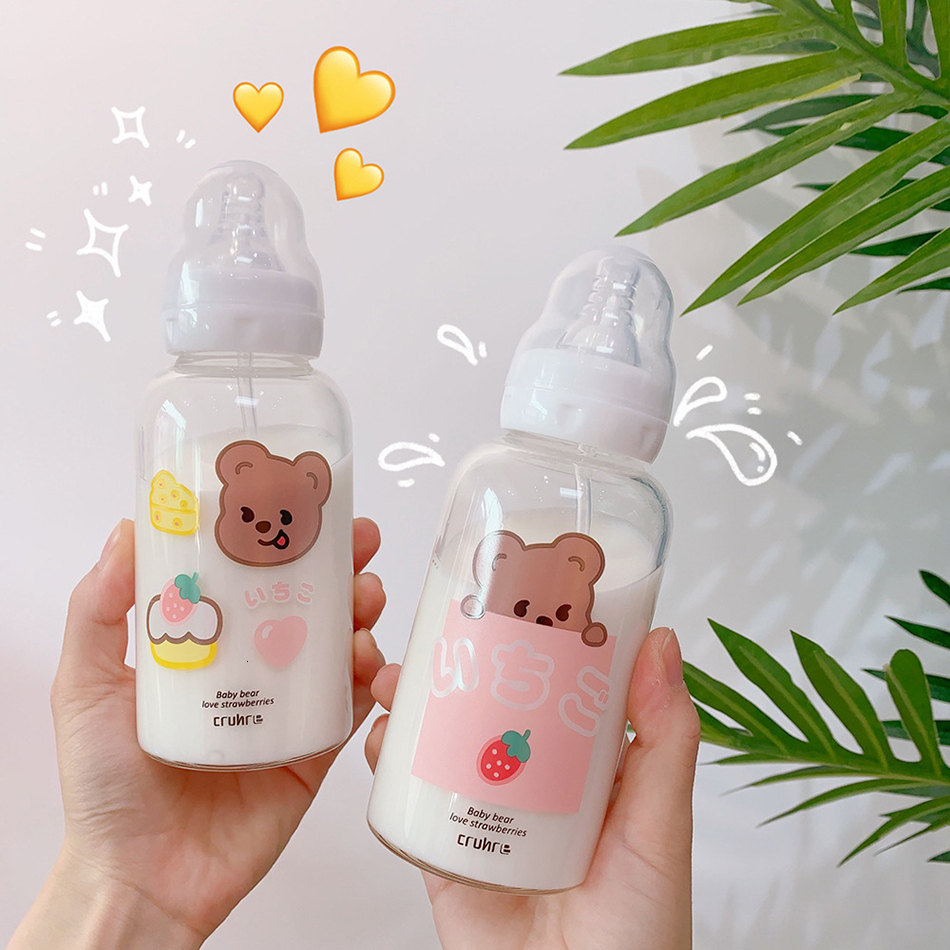 Baby Bottles# Creative Adult Nursing Bottle Cute Transparent Glass Water Bottles for Girls With Straw Portable Kids Student Drinking Bottles 230516