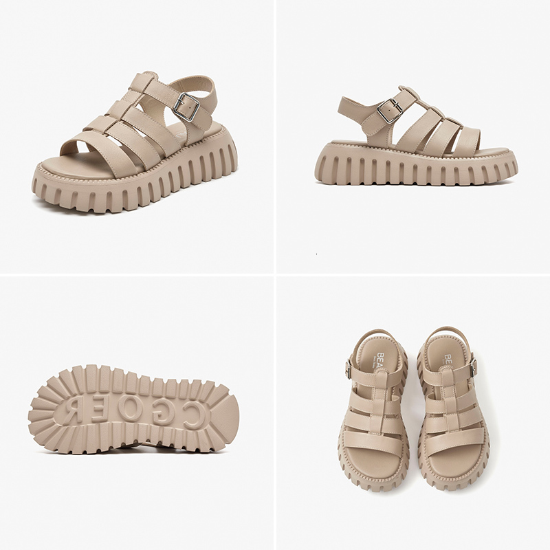 Sandals Sepatu Wanita Musim Panas Luar Ruangan Kasual Kulit Asli Tali Gesper Pergelangan Kaki Belakang Platform BeauToday 38201 230516