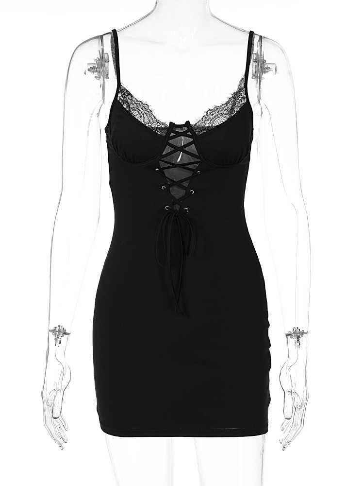 RUKAS Black Sleeveless Lace Patchwork Hollow Out Bandage Sexy Bodycon Mini Dress Summer Women Elegant Outfit Party Nightclub