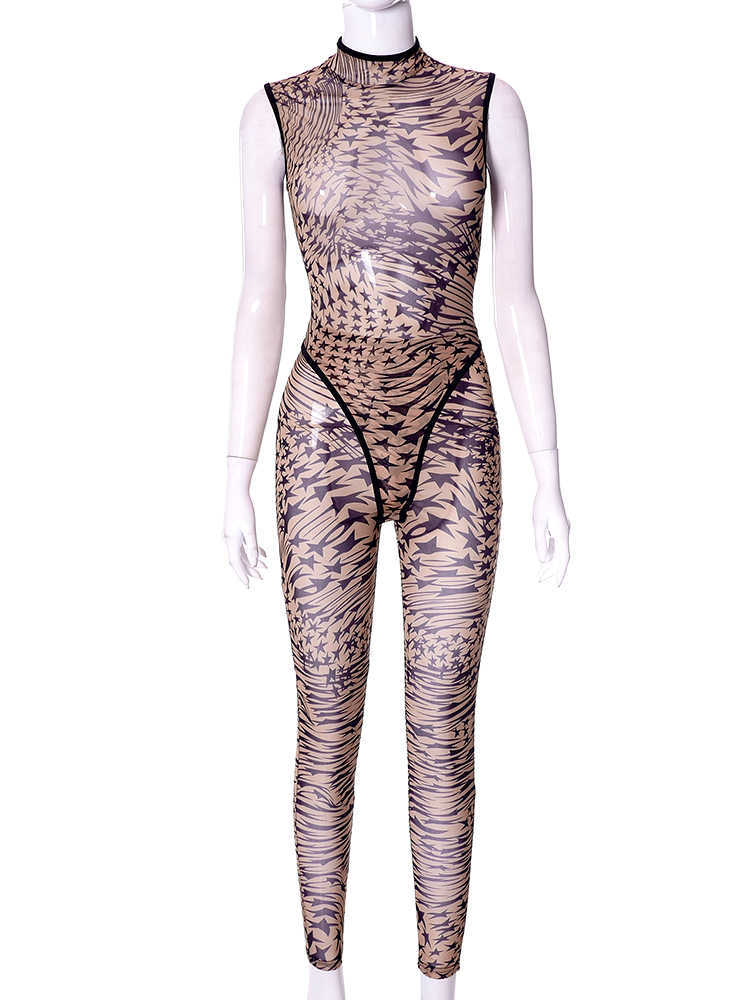 RUKAS Mesh Sleeveless Backless Print Sexy See Through Bodysuit Pants 2 Piece Set 2023 Summer Streetwear Party Y2K Clothes