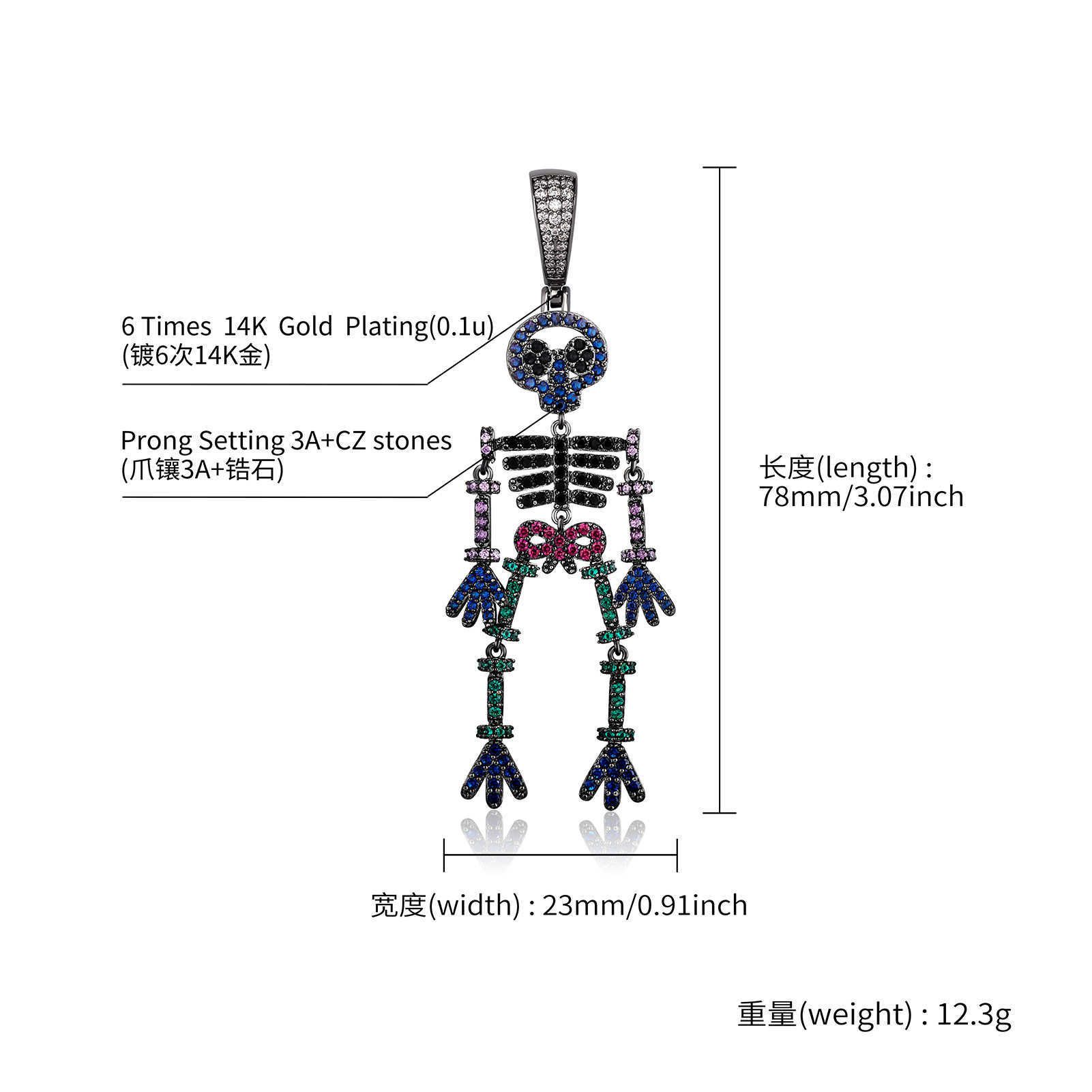 Creative Exaggerated Skeleton Pendant Necklace Colorful bling cubic zirconia Hip Hop Human skull Splicing Modeling Jewelry Rock Gemstone Collier Hallo