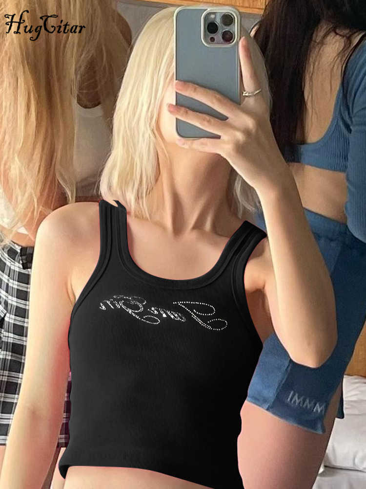 RUKAS Ribbed Sequined Letters Sexy Bodycon Slim Crop Tank Top 2023 Summer Women Fashion Y2K Streetwear Sport Goth Clothes