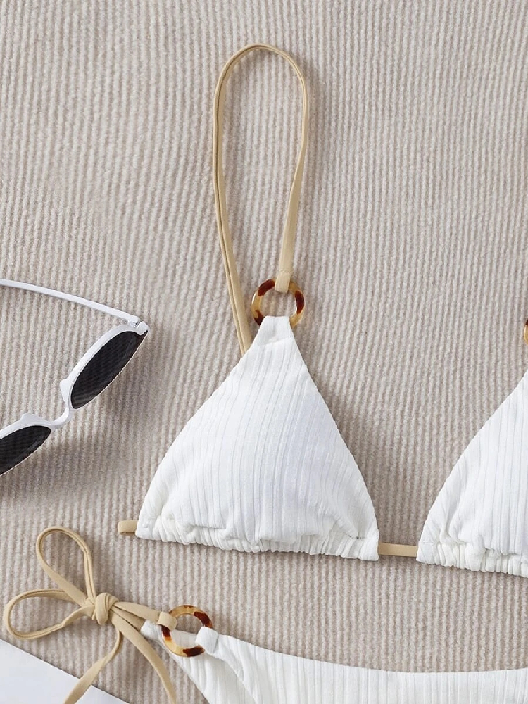 Swim Wear Sexy Bikini Set Cute White Plain Ring Linked Spaghetti Strap Triangle Thong Biquini Swimsuit Swimwear Women Bathing Suit B0 230515