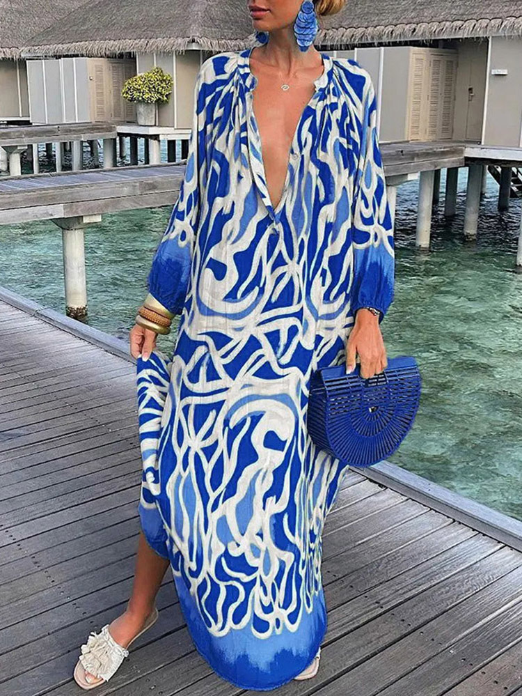 Women's Swimwear Vintage Swimsuit Cover Up Women Beach Dress Kaftan Sexy Deep V-Neck Bikini Cover-Ups Dresses Summer Woman Clothes Robe 2306