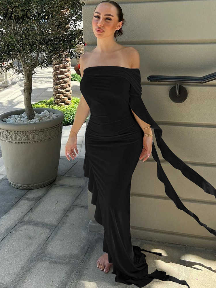 RUKAS Strapless One Shoulder Solid Ruffles Irregular Sexy Bodycon Maxi Dress 2023 Summer Women Elegant Party Festival Outfit