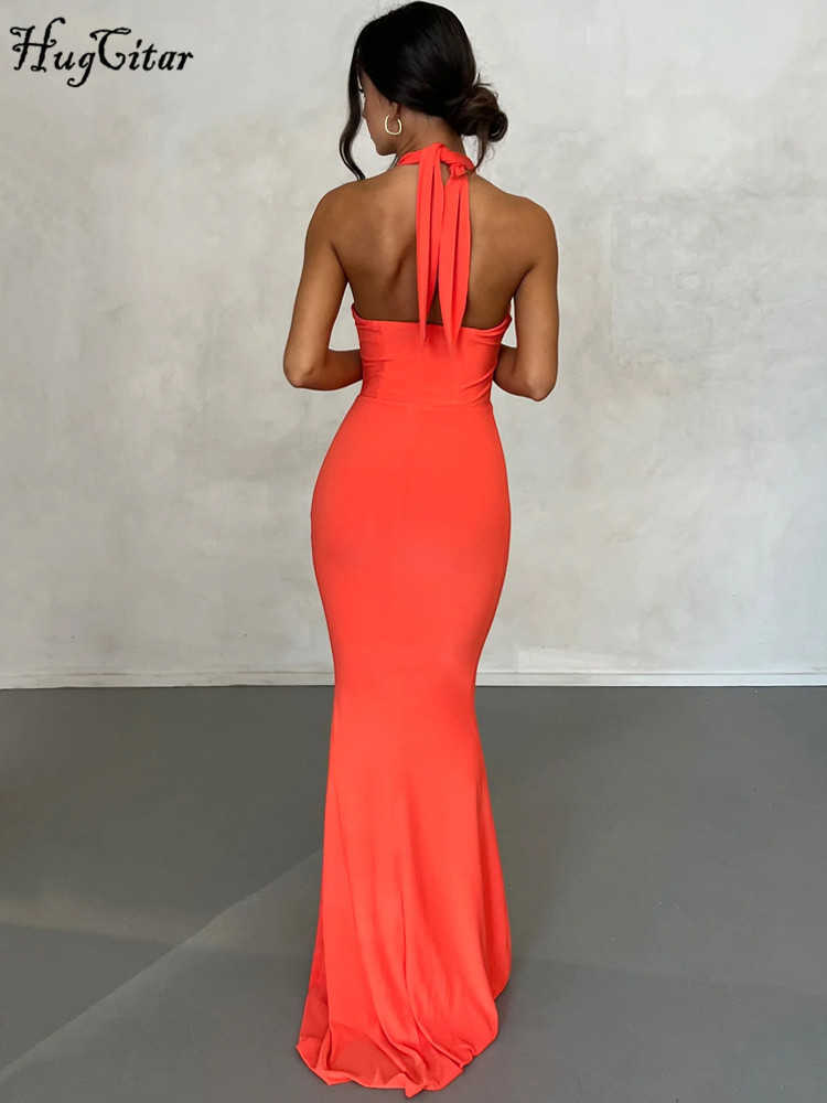 RUKAS Women Elegant Halter Sleeveless Solid Hollow Out Sexy Bodycon Maxi Prom Dress 2023 Summer Y2K Clothes Wedding Party