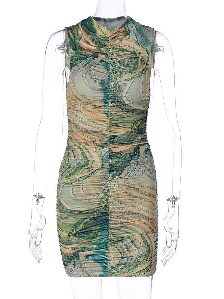 RUKAS Women Fashion Tie Dye Sleeveless Pleated Sexy Bodycon Slim Mini Dress 2023 Summer Y2K Outfit Streetwear Party Nightclub