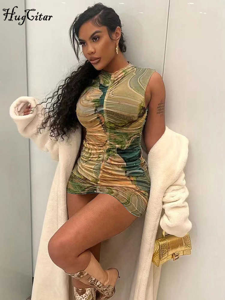 RUKAS Women Fashion Tie Dye Sleeveless Pleated Sexy Bodycon Slim Mini Dress 2023 Summer Y2K Outfit Streetwear Party Nightclub