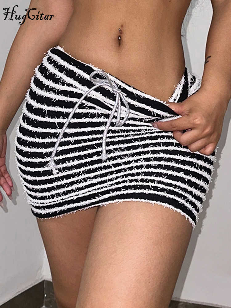 RUKAS High Waist Stripe Print Patchwork Bandage Sexy Mini Skirt 2023 Summer Fashion Outfit Streetwear Casual Biker Wholesale