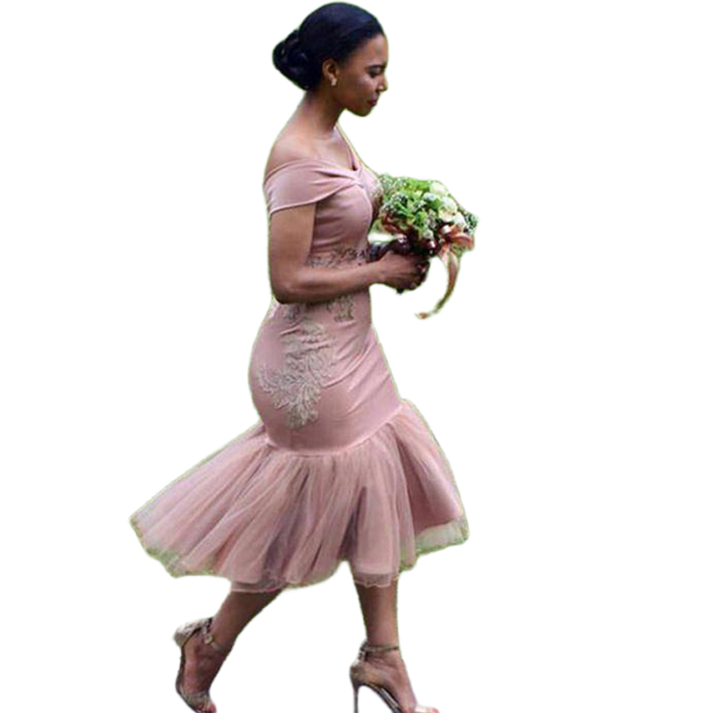 Dusty Pink Mermaid Bridesmaid Dresses Off The Shoulder Tea Length Short Prom Dress African Black Girls Wedding Party Gowns For Women