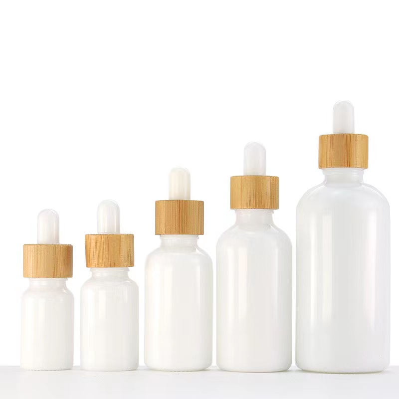White Porcelain Glass Essential Oil Bottles Skin Care Serum Dropper Bottle with Bamboo Pipette 10ml 15ml 20ml 30ml 50ml 100ml
