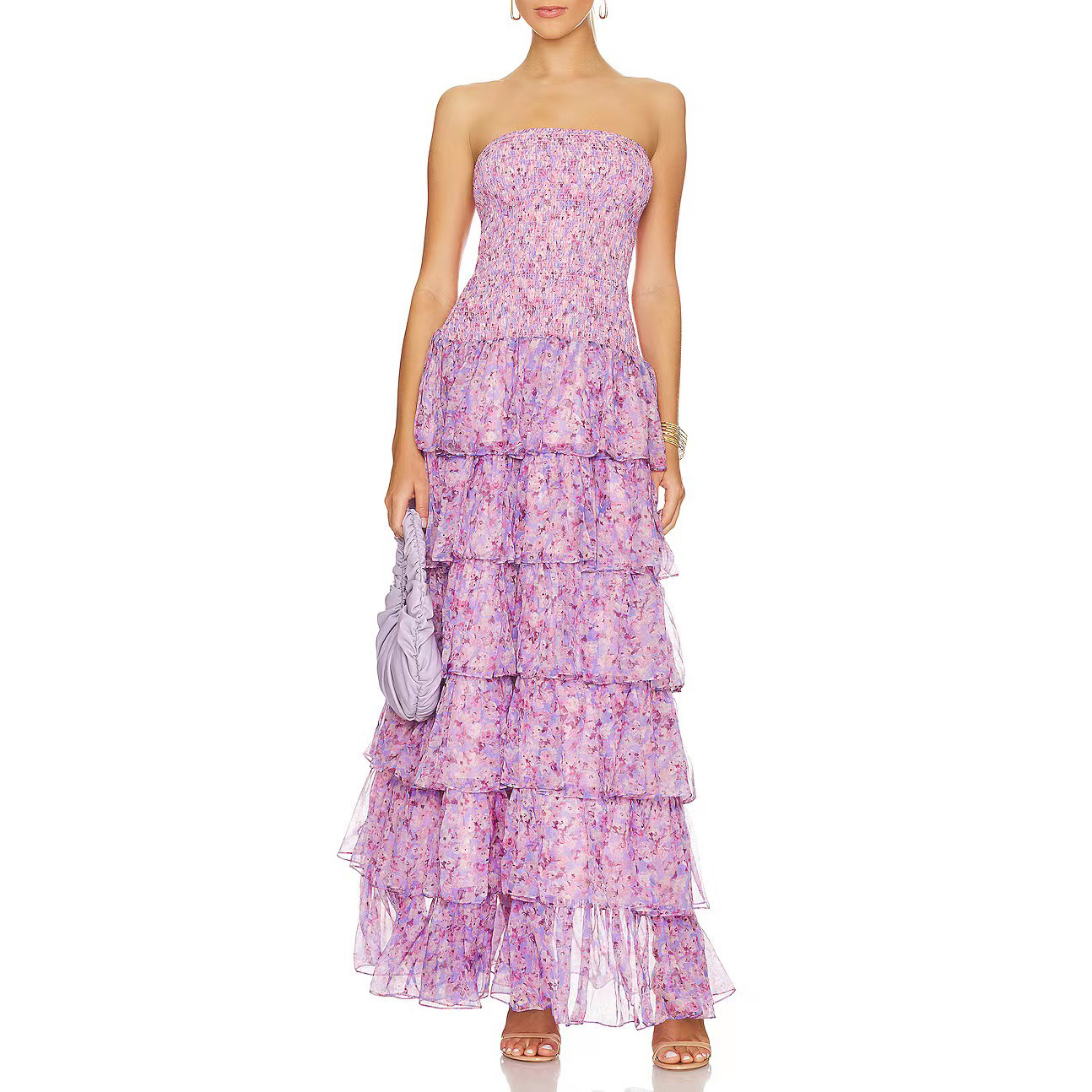 Runway Dress strapless floral printed silk long dress, Purple